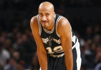 NEW YORK - FEBRUARY 17:  Bruce Bowen #12 of the San Antonio Spurs rests on court against the New York Knicks at Madison Square Garden on February 17, 2009 in New York City. NOTE TO USER: User expressly acknowledges and agrees that, by downloading and/or using this Photograph, User is consenting to the terms and conditions of the Getty Images License Agreement.  (Photo by Chris McGrath/Getty Images)