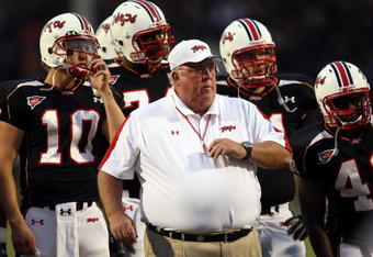 COLLEGE PARK, MD - SEPTEMBER 13:  Head coach Ralph Friedgen of the Maryland Terrapins watches player warm-ups prior to the game against the West Virginia Mountaineers on September 13, 2007 at Byrd Stadium in College Park, Maryland.  (Photo by Jamie Squire/Getty Images)