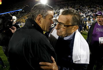 STATE COLLEGE, PA - SEPTEMBER 26:  Head coach Kirk Ferentz of the Iowa Hawkeyes shakes hands with head coach Joe Paterno of the Penn State Nittnay Lions after defeating them 21-10 on September 26, 2009 at Beaver Stadium in State College, Pennsylvania.  (Photo by Gregory Shamus/Getty Images)