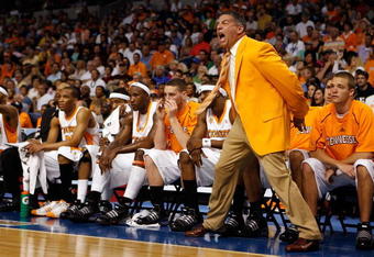 TAMPA, FL - MARCH 15:  Head coach Bruce Pearl of the Tennessee Volunteers yells to his players during the game against the Mississippi State Bulldogs during the Championship game of the SEC Men's Basketball Tournament on March 15, 2009 at The St. Pete Times Forum in Tampa, Florida.  (Photo by Chris Graythen/Getty Images)