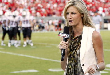 RALEIGH, NC - SEPTEMBER 3: ESPN sportscaster Erin Andrews reports from the sidelines prior to the game between the South Carolina Gamecocks and the North Carolina State Wolfpack at Carter-Finley Stadium on September 3, 2009 in Raleigh, North Carolina. (Photo by Streeter Lecka/Getty Images)