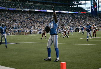 DETROIT, MI - SEPTEMBER 27: Wide receiver Bryant Johnson #80 of the Detroit Lions celebrates after scoring a touchdown in the first quarter against the Washington Redskins at Ford Field on September 27, 2009 in Detroit, Michigan. (Photo by Scott Boehm/Getty Images)