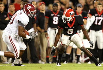 ATHENS, GA - SEPTEMBER 27:  Linebacker Dont'a Hightower #30 of the Alabama Crimson Tide intercepts a pass off the hands of wide receiver A.J. Green #8 of the Georgia Bulldogs at Sanford Stadium on September 27, 2008 in Athens, Georgia.  (Photo by Doug Benc/Getty Images)