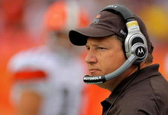 DENVER - SEPTEMBER 20:  Head coach Eric Mangini of the Cleveland Browns leads his team against the Denver Broncos during NFL action at Invesco Field at Mile High on September 20, 2009 in Denver, Colorado. The Broncos defeated the Browns 27-6.  (Photo by Doug Pensinger/Getty Images)