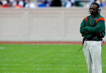 DURHAM, NC - OCTOBER 18:  Head coach Randy Shannon of the Miami Hurricanes looks on against the Duke Blue Devils during the game at Wallace Wade Stadium on October 18, 2008 in Durham, North Carolina.  (Photo by Kevin C. Cox/Getty Images)