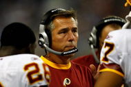 DETROIT, MI - SEPTEMBER 27: Head coach Jim Zorn of the Washington Redskins talks with players during a time out against the Detroit Lions at Ford Field on September 27, 2009 in Detroit, Michigan. (Photo by Scott Boehm/Getty Images)