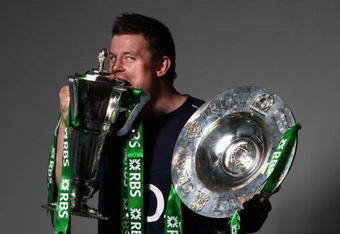 CARDIFF, UNITED KINGDOM - MARCH 21:  Brian O'Driscoll poses with the RBS Six Nations and Triple Crown trophies after the RBS Six Nations match between Wales and Ireland at the Millennium Stadium on March 21, 2009 in Cardiff, Wales.  (Photo by David Rogers/Getty Images for RBS)