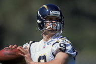 4 May 2001:  Drew Brees #9 pulls back to throw the ball during the San Diego Chargers Mini Camp at Murphy Canyon in San Diego, California.Mandatory Credit: Todd Warshaw  /Allsport