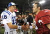 GLENDALE, AZ - SEPTEMBER 27:  (L-R) Peyton Manning #18 of the Indianapolis Colts shakes hands with Kurt Warner #13 of the Arizona Cardinals after the Colts defeated the Cardinals 31-10 during the game at University of Phoenix Stadium on September 27, 2009 in Glendale, Arizona. (Photo by Harry How/Getty Images)