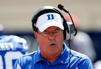 DURHAM, NC - SEPTEMBER 13:  Head coach David Cutcliffe of the Duke Blue Devils talks to his defense against the Navy Midshipmen during the game at Wallace Wade Stadium on September 13, 2008 in Durham, North Carolina.  (Photo by Kevin C. Cox/Getty Images)