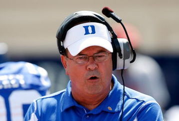 DURHAM, NC - SEPTEMBER 13:  Head coach David Cutcliffe of the Duke Blue Devils talks to his defense against the Navy Midshipmen during the game at Wallace Wade Stadium on September 13, 2008 in Durham, North Carolina.  (Photo by Kevin C. Cox/Getty Images)