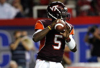 ATLANTA - SEPTEMBER 05:  Quarterback Tyrod Taylor #5 of the Virginia Tech Hokies against the Alabama Crimson Tide during the Chick-fil-A Kickoff Game at Georgia Dome on September 5, 2009 in Atlanta, Georgia.  (Photo by Kevin C. Cox/Getty Images)