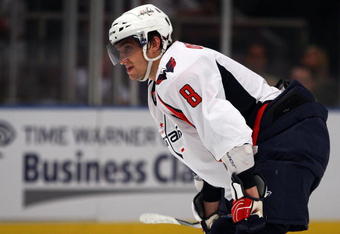 NEW YORK - SEPTEMBER 24:  Alex Ovechkin #8 of the Washington Capitals looks on against the New York Rangers during their preseason game on  September 24, 2009 at Madison Square Garden in New York City.  (Photo by Jim McIsaac/Getty Images)
