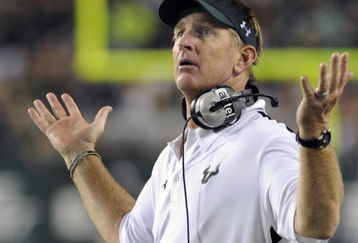 TAMPA, FL - SEPTEMBER 12: Coach Jim Leavitt of the University of South Florida Bulls directs play against the Kansas University Jayhawks at Raymond James Stadium on September 12, 2008 in Tampa, Florida.  (Photo by Al Messerschmidt/Getty Images) 