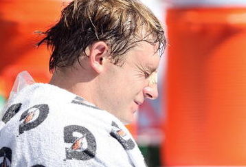 SAN DIEGO, CA - SEPTEMBER 27:  Quarterback Chad Pennington #10 of the Miami Dolphins sits on the bench after a shoulder injury against the San Diego Chargers at Qualcomm Stadium on September 27, 2009 in San Diego, California. Pennington did not return to the game. (Photo by Donald Miralle/Getty Images)