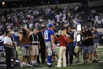 ARLINGTON, TX - SEPTEMBER 20:  Quarterback Eli Manning #10 of the New York Giants does an interview at Cowboys Stadium on September 20, 2009 in Arlington, Texas.  (Photo by Ronald Martinez/Getty Images)