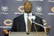 LIBERTYVILLE, IL - JANUARY 15:  Lovie Smith, former defensive coordinator for the St. Louis Rams, gestures as he announces his four year contract as head coach of the Chicago Bears at a media conference on January 15, 2004 in Libertyville, Illinois.  (Photo by Aynsley Floyd/Getty Images)