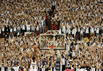 STORRS, CT - JANUARY 25:  Hilton Armstrong #11 of the University of Connecticut takes a foul shot against  St. Johns University January 25, 2006 at the Gampel Pavilion in Storrs, Connecticut.  (Photo by Nick Laham/Getty Images)