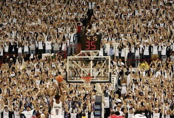 STORRS, CT - JANUARY 25:  Hilton Armstrong #11 of the University of Connecticut takes a foul shot against  St. Johns University January 25, 2006 at the Gampel Pavilion in Storrs, Connecticut.  (Photo by Nick Laham/Getty Images)