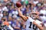 BALTIMORE - SEPTEMBER 27:  Brady Quinn #10 of the Cleveland Browns passes against the Baltimore Ravens at M&T Bank Stadium on September 27, 2009 in Baltimore, Maryland. The Ravens defeated the Browns 34-3. (Photo by Larry French/Getty Images)