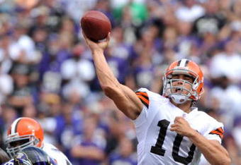 BALTIMORE - SEPTEMBER 27:  Brady Quinn #10 of the Cleveland Browns passes against the Baltimore Ravens at M&T Bank Stadium on September 27, 2009 in Baltimore, Maryland. The Ravens defeated the Browns 34-3. (Photo by Larry French/Getty Images)