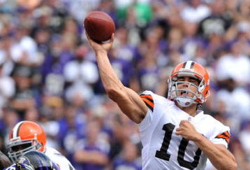 BALTIMORE - SEPTEMBER 27:  Brady Quinn #10 of the Cleveland Browns passes against the Baltimore Ravens at M&T Bank Stadium on September 27, 2009 in Baltimore, Maryland. The Ravens defeated the Browns 34-3. (Photo by Larry French/Getty Images)