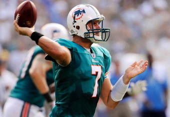 SAN DIEGO - SEPTEMBER 27:  Quarterback Chad Henne #7 of the Miami Dolphins who replaced injured quarterback Chad Pennington throws a pass against  the San Diego Chargers during the fourth quarter of the NFL football game on September 27, 2009 in San Diego, California.  (Photo by Kevork Djansezian/Getty Images)