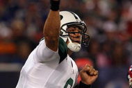 EAST RUTHERFORD, NJ - AUGUST 29:  Mark Sanchez #6 of the New York Jets throws a pass against the New York Giants on August 29, 2009 at Giants Stadium in East Rutherford, New Jersey.  (Photo by Jim McIsaac/Getty Images)