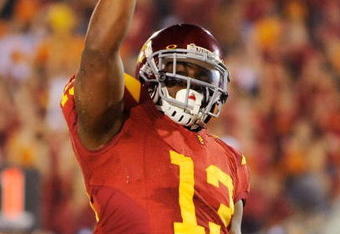LOS ANGELES, CA - SEPTEMBER 26:  Stafon Johnson#13 of the USC Trojans celebrates his touchdown against the Washington State Cougars during the fourth quarter of the college football game at the Los Angeles Memorial Coliseum on September 26, 2009 in Los Angeles, California.  (Photo by Kevork Djansezian/Getty Images)