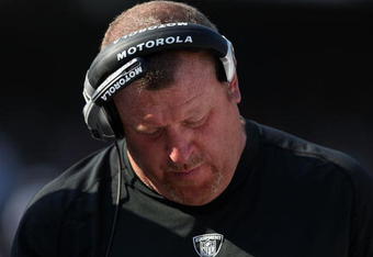 OAKLAND, CA - SEPTEMBER 27: Head coach Tom Cable of the Oakland Raiders looks on against the Denver Broncos on September 27, 2009 during an NFL game at the Oakland-Alameda County Coliseum in Oakland, California.  (Photo by Jed Jacobsohn/Getty Images)