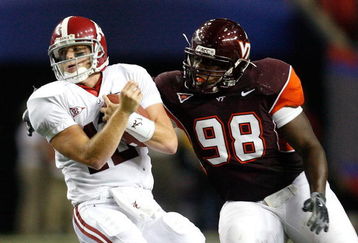 ATLANTA - SEPTEMBER 05:  Antoine Hopkins #98 of the Virginia Tech Hokies against quarterback Greg McElroy #12 of the Alabama Crimson Tide during the Chick-fil-A Kickoff Game at Georgia Dome on September 5, 2009 in Atlanta, Georgia.  (Photo by Kevin C. Cox/Getty Images)