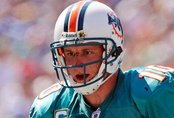 SAN DIEGO - SEPTEMBER 27:  Chad Pennington #10, quarterback of the Miami Dolphins, bleeds from the bridge of his nose after a hit by the San Diego Chargers during first quarter of the NFL football game at Qualcomm Stadium on September 27, 2009 in San Diego, California.  (Photo by Kevork Djansezian/Getty Images)