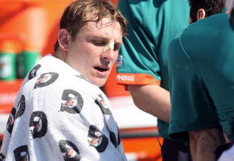 SAN DIEGO, CA - SEPTEMBER 27:  Quarterback Chad Pennington #10 of the Miami Dolphins sits on the bench after a shoulder injury against the San Diego Chargers at Qualcomm Stadium on September 27, 2009 in San Diego, California. Pennington did not return to the game. (Photo by Donald Miralle/Getty Images)