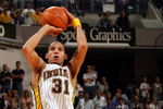 INDIANAPOLIS - MAY 13:  Reggie Miller #31 of the Indiana Pacers takes the last shot of the game against the Detroit Pacers in Game three of the Eastern Conference Semifinals during the 2005 NBA Playoffs at Conseco Fieldhouse on May 13, 2005 in Indianapolis, Indiana. The Pacers defeated the Pistons 79-74.  NOTE TO USER: User expressly acknowledges and agrees that, by downloading and or using this photograph, user is consenting to the terms and conditions of the Getty Images License Agreement. (Photo by Elsa/Getty Images)