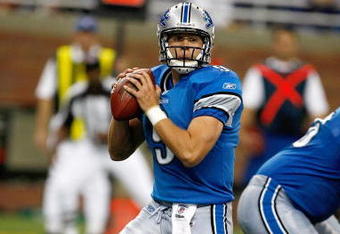 DETROIT, MI - SEPTEMBER 27: Quarterback Matthew Stafford #9 of the Detroit Lions passes the football against the Washington Redskins at Ford Field on September 27, 2009 in Detroit, Michigan. The Lions defeated the Redskins 19-14. (Photo by Scott Boehm/Getty Images)