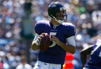 SAN DIEGO - SEPTEMBER 20:  Quarterback Joe Flacco #5 of the Baltimore Ravens plays against the San Diego Chargers at Qualcomm Stadium on September 20, 2009 in San Diego, California.  (Photo by Jeff Gross/Getty Images)