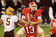 ATHENS, GA - SEPTEMBER 26: Blair Walsh #57 of the Georgia Bulldogs celebrates with Drew Butler #13 after kicking the game winning field goal against the Arizona State Sun Devils at Sanford Stadium on September 26, 2009 in Athens, Georgia. (Photo by Scott Cunningham/Getty Images)