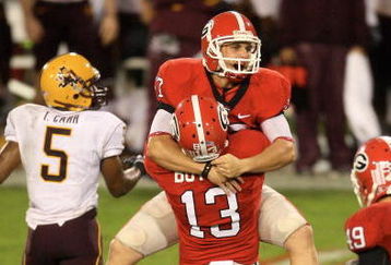ATHENS, GA - SEPTEMBER 26: Blair Walsh #57 of the Georgia Bulldogs celebrates with Drew Butler #13 after kicking the game winning field goal against the Arizona State Sun Devils at Sanford Stadium on September 26, 2009 in Athens, Georgia. (Photo by Scott Cunningham/Getty Images)