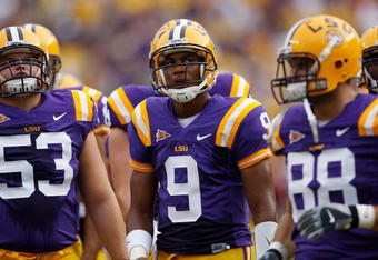 BATON ROUGE, LA - SEPTEMBER 19:  Quarterback Jordan Jefferson #9 of the Louisiana State University Tigers during pregame against the University of Louisiana-Lafatette Ragin' Cajuns at Tiger Stadium on September 19, 2009 in Baton Rouge, Louisiana.  (Photo by Chris Graythen/Getty Images)