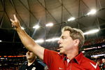 ATLANTA - SEPTEMBER 05:  Head coach Nick Saban of the Alabama Crimson Tide celebrates after their 34-24 win over the Virginia Tech Hokies during the Chick-fil-A Kickoff Game at Georgia Dome on September 5, 2009 in Atlanta, Georgia.  (Photo by Kevin C. Cox/Getty Images)