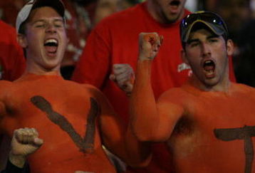 MIAMI - JANUARY 01: Virgina Tech fans celebrate during the FedEx Orange Bowl against the Cincinnati Bearcats at Dolphin Stadium on January 1, 2009 in Miami, Florida.  (Photo by Marc Serota/Getty Images)