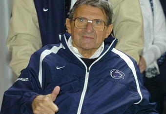 STATE COLLEGE, PA ? NOVEMBER 18:  Penn State head coach Joe Paterno gives the thumbs up as he arrives at the press elevator before the start of Penn State's game against Michigan State November 18, 2006 in State College, Pennsylvania. Paterno arrived for his first game back since being injured during a game in Wisconsin two weeks ago.  (Photo by Steve Manuel-Pool/Getty Images)