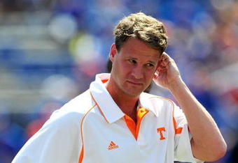 GAINESVILLE, FL - SEPTEMBER 19:  Head coach Lane Kiffin of the Tennessee Volunteers watches the action prior to the game against the Florida Gators at Ben Hill Griffin Stadium on September 19, 2009 in Gainesville, Florida.  (Photo by Sam Greenwood/Getty Images)