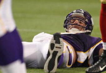 MINNEAPOLIS - SEPTEMBER 27: Brett Favre #4 of the Minnesota Vikings watches a play develop after being knocked down by a member of the San Francisco 49ers defense at the Hubert H. Humphrey Metrodome on September 27, 2009 in Minneapolis, Minnesota. The Vikings defeated the 49ers 27-24. (Photo by Jonathan Daniel/Getty Images)
