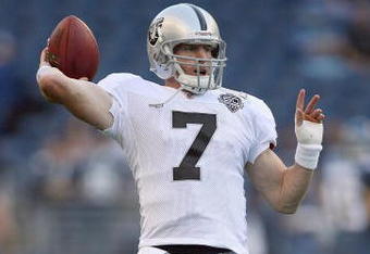 SEATTLE - SEPTEMBER 03: Quarterback Jeff Garcia #7 of the Oakland Raiders looks to pass before the game against the Seattle Seahawks on September 3, 2009 at Qwest Field in Seattle, Washington. (Photo by Otto Greule Jr/Getty Images)    
