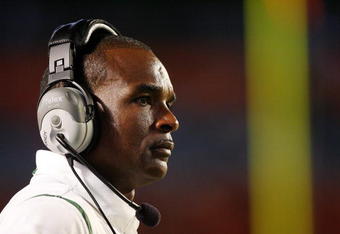 FORT LAUDERDALE, FL - SEPTEMBER 17: Head coach Randy Shannon of the Miami Hurricanes watches his team take on the Georgia Tech Yellow Jackets at Land Shark Stadium on September 17, 2009 in Fort Lauderdale, Florida. Miami defeated Georgia Tech 33-17.  (Photo by Doug Benc/Getty Images)