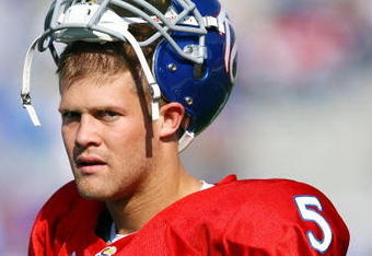 LAWRENCE, KS - SEPTEMBER 26:  Quarterback Todd Reesing #5 of the Kansas Jayhawks looks on during warm-ups just prior to the start of the game against the Southern Mississippi Golden Eagles on September 26, 2009 at Memorial Stadium in Lawrence, Kansas.  (Photo by Jamie Squire/Getty Images)