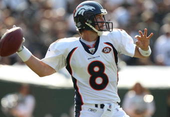 OAKLAND, CA - SEPTEMBER 27:  Kyle Orton #8 of the Denver Broncos passes against the Oakland Raiders on September 27, 2009 during an NFL game at the Oakland-Alameda County Coliseum in Oakland, California.  (Photo by Jed Jacobsohn/Getty Images)