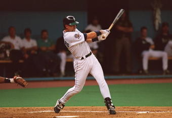 10 OCT 1995:  SEATTLE MARINERS THIRD BASEMAN MIKE BLOWERS HITS A TWO-RUN HOMER IN THE SECOND INNING OF THE MARINERS GAME VERSUS THE CLEVELAND INDIANS IN GAME ONE OF THE AMERICAN LEAGUE CHAMPIONSHIP SERIES AT THE KINGDOME IN SEATTLE, WASHINGTON.  SEATTLE W