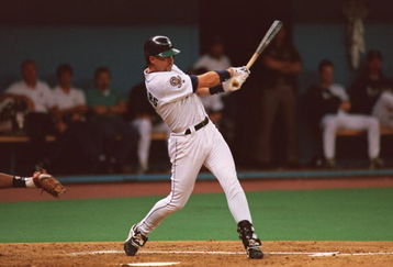 10 OCT 1995:  SEATTLE MARINERS THIRD BASEMAN MIKE BLOWERS HITS A TWO-RUN HOMER IN THE SECOND INNING OF THE MARINERS GAME VERSUS THE CLEVELAND INDIANS IN GAME ONE OF THE AMERICAN LEAGUE CHAMPIONSHIP SERIES AT THE KINGDOME IN SEATTLE, WASHINGTON.  SEATTLE W